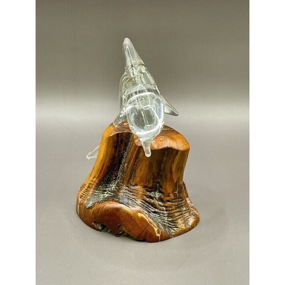Vtg Clear Glass Dolphin Figurine On Wood Base 4" Hx 2.5" L - Picture 2 of 7